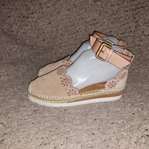 SEE BY CHLOE-Glyn-Suede Laser Cut Flower-Buckle Wedge Espadrille-SZ 37-Very Good - Picture 2 of 7